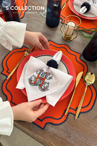 Alpabet H Design Embroidered Placemat Set - Orange Colour Waterproof Fabric - 6 Persons - 18 Pcs.