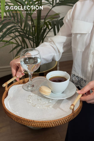 Bouquet Design Tray Cover - %100 Linen Fabric - Off White Embroidered