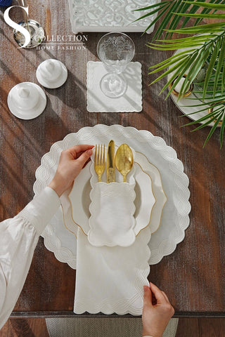 Ocean Braid Off White Design Placemat Set - Waterproof Fabric - 6 Persons - 24 Pcs. Full Set