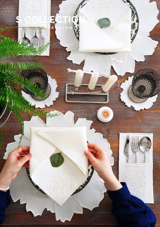 Eloise Off White Design Placemat Set - Waterproof Fabric - 6 Persons - 24 Pcs. Full Set