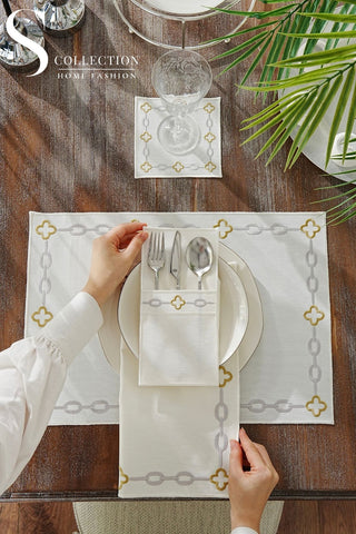 Cadena Silver Border - Gold Design Placemat Set - 6 Persons - Waterproof Fabric - 24 Pcs. Full Set