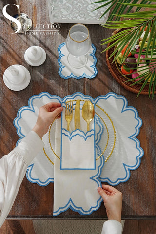 Cloud Design Light Blue Placemat Set - Waterproof Fabric - 6 Persons - 24 Pcs. Full Set