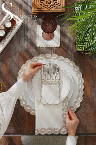 Ocean Braid Cappuccino Design Placemat Set - Waterproof Fabric - 6 Persons - 24 Pcs. Full Set