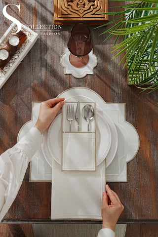 Milan Off White and Cappuccino Design Placemat Set - Waterproof Fabric - 6 Persons - 24 Pcs. Full Set