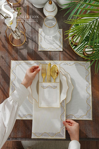 Ocean Silver and Gold Design Placemat Set - Waterproof Fabric - 6 Persons - 24 Pcs. Full Set