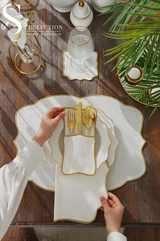 Alice Gold and Off White Design Placemat Set - Waterproof Fabric - 6 Persons - 24 Pcs. Full Set