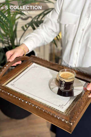 Classy Design Tray Cover - %100 Linen Fabric - Silver Embroidered