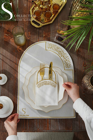 Ramadan Noor Design Placemat and Cutlery Pocket Set - Gold and Off White Embroidery - Waterproof Fabric - 12 pcs (6 Persons)