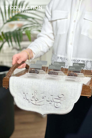 Sahtain wa Afia Design Tray Cover - %100 Linen Fabric - Silver Embroidered