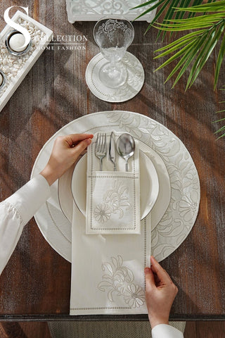 Magnolia Magic Design Placemat Set - Waterproof Fabric - 6 Persons - 24 Pcs. Full Set