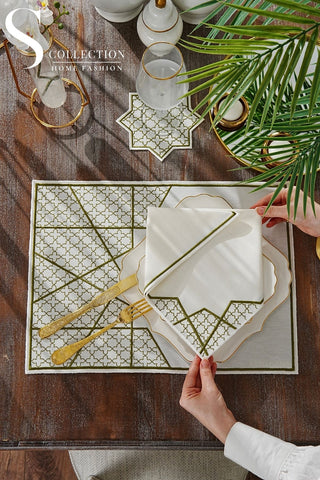 Rimal Olive Design Placemat Set - Waterproof Fabric - 6 Persons - 18 Pcs. Full Set
