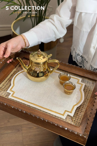 Graceful Design Tray Cover - %100 Linen Fabric - Gold Embroidered