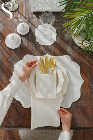 Laurel Wreath Off White Design Placemat Set - 6 Persons - 24 Pcs. Full Set