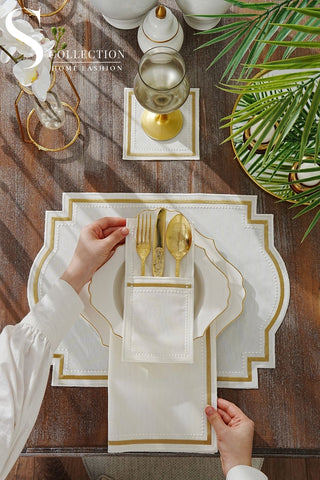 Graceful Gold Design Placemat Set - Waterproof Fabric - 6 Persons - 24 Pcs. Full Set