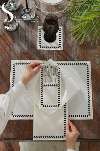 Leafy Allure Cornered Black Design Placemat Set - Waterproof Fabric - 6 Persons - 24 Pcs. Full Set