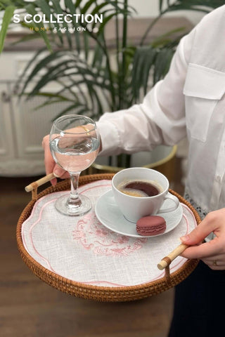 Bouquet Design Tray Cover - %100 Linen Fabric - Pink Embroidered