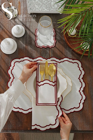 Gabriel Burgundy Design Placemat Set - Waterproof Fabric - 6 Persons - 24 Pcs. Full Set