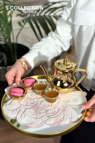 Charlotte Design Tray Cover - %100 Linen Fabric - Pink Embroidered