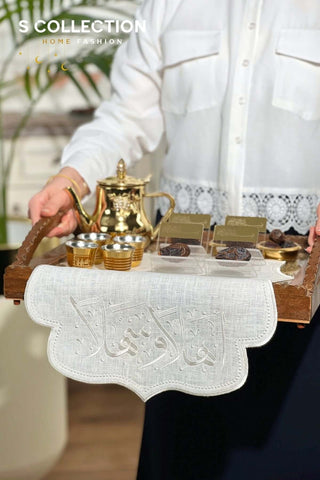 Welcome Design Tray Cover - %100 Linen Fabric - Off White Embroidered