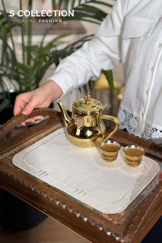 Arda Design Tray Cover - %100 Linen Fabric - Off White Embroidered