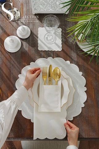 Tansy Off White  Design Placemat Set - Waterproof Fabric - 6 Persons - 24 Pcs. Full Set