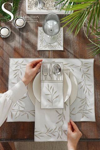 Silver Flower Design Placemat Set - Waterproof Fabric - 6 Persons - 24 Pcs. Full Set