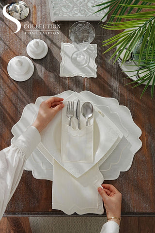 Desert Bloom Off White Design Placemat Set - Waterproof Fabric - 6 Persons - 24 Pcs. Full Set