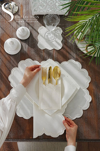 Cloud Design Off White Placemat Set - Waterproof Fabric - 6 Persons - 24 Pcs. Full Set