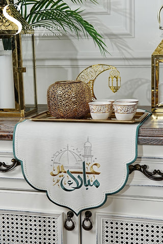 Eid Mubarak Mosque Design Runner - Waterproof Fabric - Multicolored Embroidered