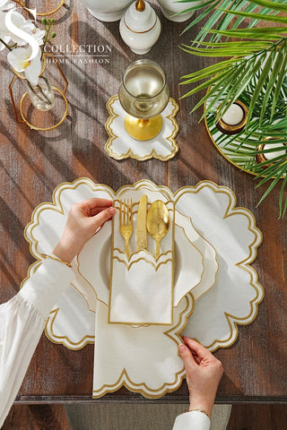 Cloud Design Gold Placemat Set - Waterproof Fabric - 6 Persons - 24 Pcs. Full Set