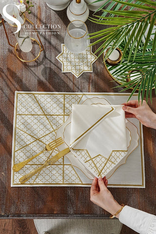 Rimal Gold Design Placemat Set - Waterproof Fabric - 6 Persons - 18 Pcs. Full Set