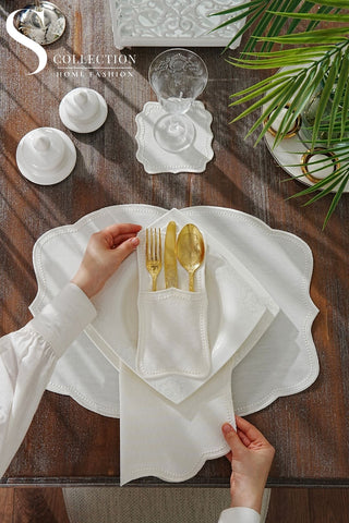 Alice Off White Design Placemat Set - Waterproof Fabric - 6 Persons - 24 Pcs. Full Set