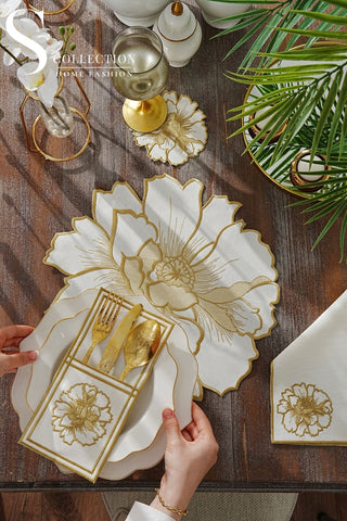Eloise Gold Design Placemat Set - Waterproof Fabric - 6 Persons - 24 Pcs. Full Set