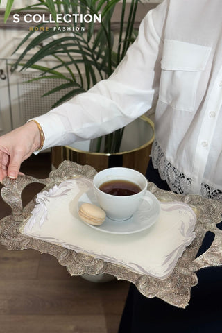 Tulip Design Tray Cover - %100 Linen Fabric - Silver Embroidered