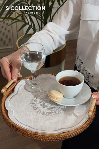 Bouquet Design Tray Cover - %100 Linen Fabric - Silver Embroidered