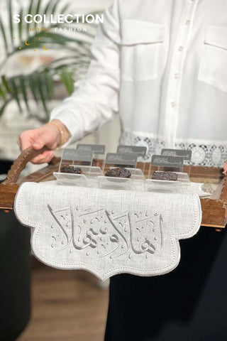 Welcome Design Tray Cover - %100 Linen Fabric - Silver Embroidered