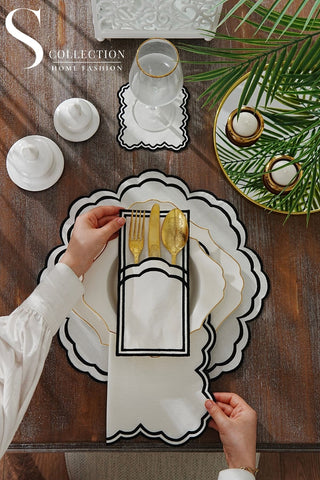 Jory Black Design Placemat Set - Waterproof Fabric - 6 Persons - 24 Pcs. Full Set