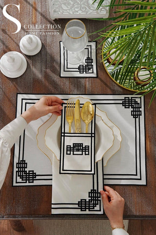 Pyramid Design Black Placemat Set - Waterproof Fabric - 6 Persons - 24 Pcs. Full Set