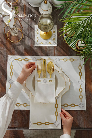 Cadena Gold Border - Silver Design Placemat Set - 6 Persons - Waterproof Fabric - 24 Pcs. Full Set