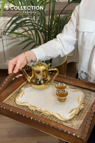 Tulip Design Tray Cover - %100 Linen Fabric - Gold Embroidered