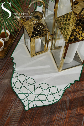 Dome Design Runner - Waterproof Fabric - Off White and Green Embroidered