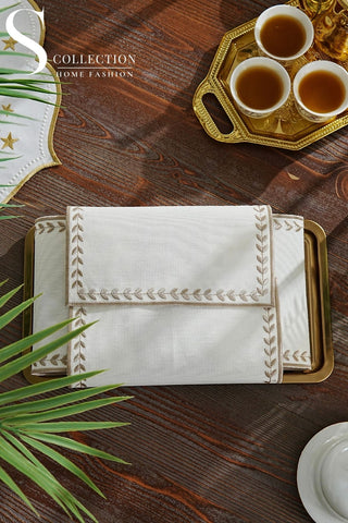 Leafy Allure Design Bread Basket Napkin - Waterproof Fabric - Cappuccino Embroidered