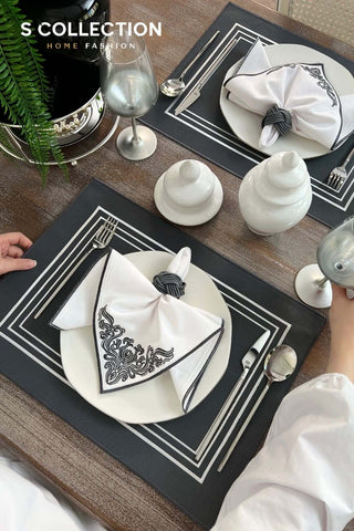 Silva Design Embroidered Placemat Set - Dark Grey Colour Waterproof Fabric - 6 Persons - 18 Pcs.