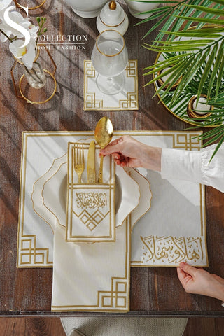 Welcome Elegance Gold Design Placemat Set - Waterproof Fabric - 6 Persons - 24 Pcs. Full Set