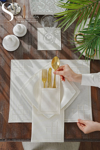 Classy Off White Design Placemat Set - Waterproof Fabric - 6 Persons - 24 Pcs. Full Set
