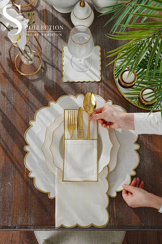 Tansy Gold and Off White Design Placemat Set - Waterproof Fabric - 6 Persons - 24 Pcs. Full Set