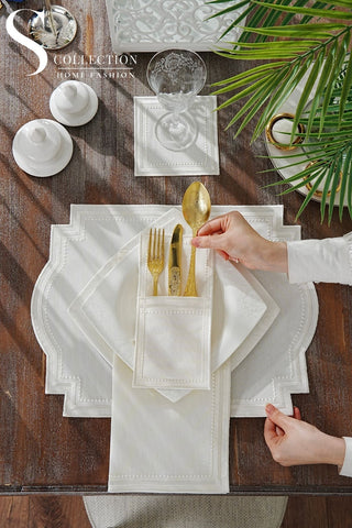 Graceful Off White Design Placemat Set - Waterproof Fabric - 6 Persons - 24 Pcs. Full Set