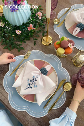 Floria Design Embroidered Placemat Set - Light Blue Colour Waterproof Fabric - 6 Persons - 18 Pcs.