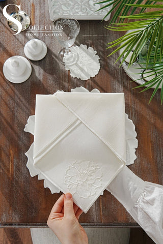 Eloise Off White Design Placemat Set - Waterproof Fabric - 6 Persons - 24 Pcs. Full Set