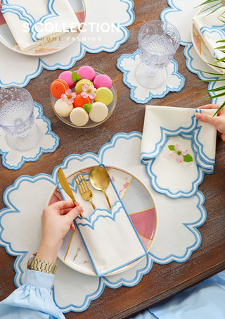 Cloud Design Light Blue Placemat Set - Waterproof Fabric - 6 Persons - 24 Pcs. Full Set